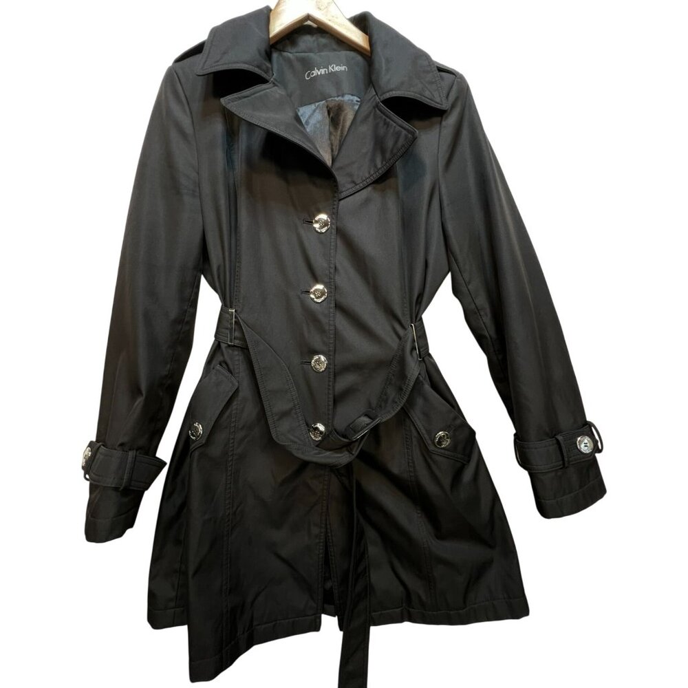 Calvin Klein Womens Single Breasted Belted Trench Coat Long Sleeve Black Pockets
